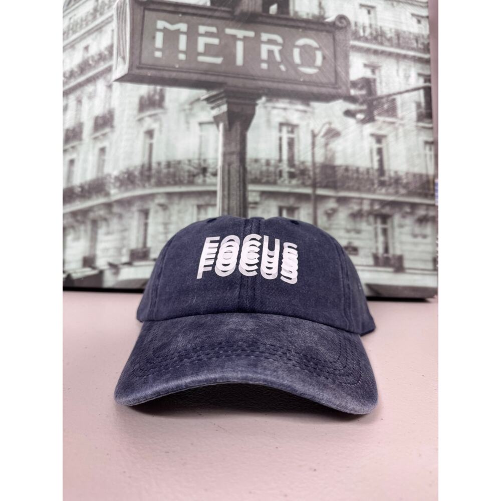 Washed Navy Blue Distressed FOCUS Graphic Cotton Dad Hat